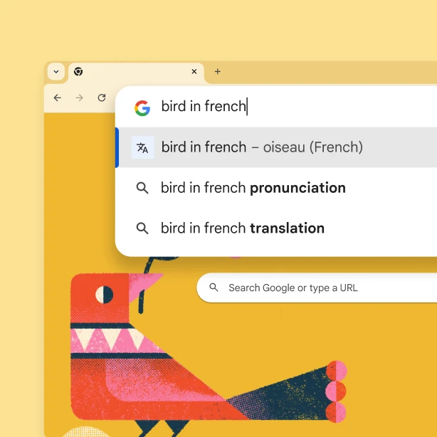 The Google search page with a picture of a bird and a search for “Bird in French” with the result “oiseau”